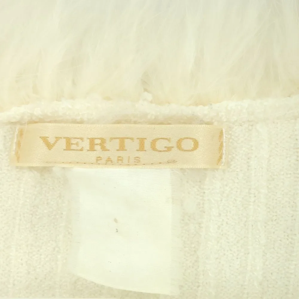 Vintage Small Vertigo Paris White Ribbed Sweater with Feather Collar and Sleeve